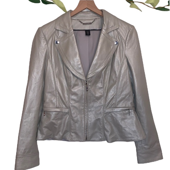 Leather White House Black Market Moto Zip Jacket Diamond Detail Large Cream Tan